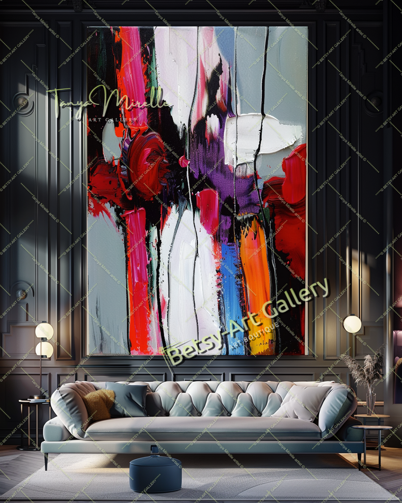 Vivid Red White Abstract Painting – Modern Wall Art #157 – Large – Oil on Canvas – {{ product.title }} canvas artwork by Tanya Mirelle – modern wall decor – original artwork for home, living room, office, or gallery – original artwork by BETSY-ART GALLERY