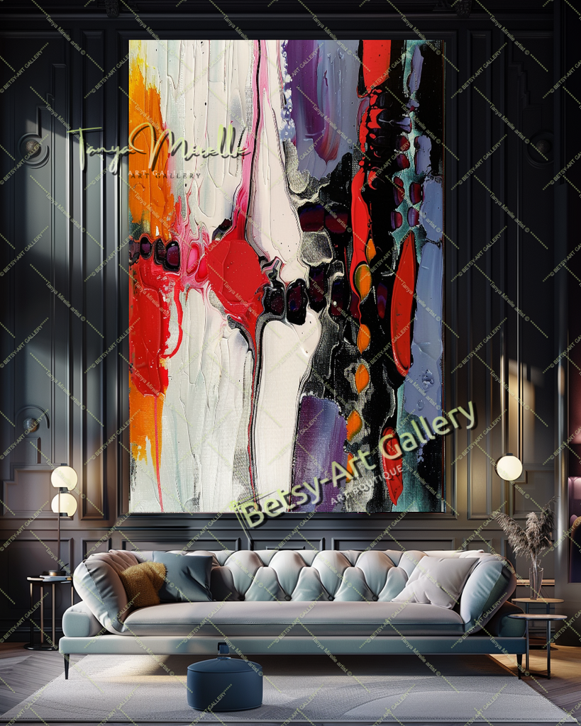 Vivid Red White Abstract Painting – Modern Wall Art #157 – Large – Oil on Canvas – {{ product.title }} canvas artwork by Tanya Mirelle – modern wall decor – original artwork for home, living room, office, or gallery – original artwork by BETSY-ART GALLERY
