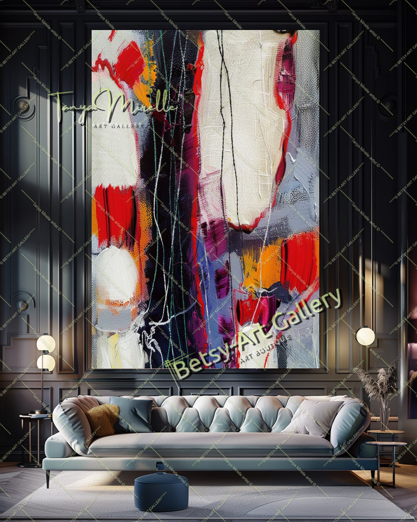 Vivid Red White Abstract Painting – Modern Wall Art #157 – Large – Oil on Canvas – {{ product.title }} canvas artwork by Tanya Mirelle – modern wall decor – original artwork for home, living room, office, or gallery – original artwork by BETSY-ART GALLERY