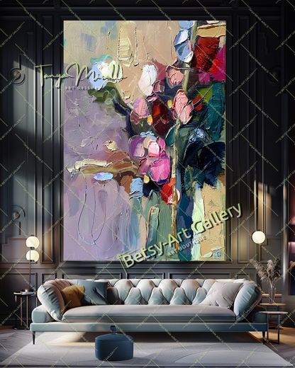 Purple Green Abstract Painting – Modern Floral Wall Art #158