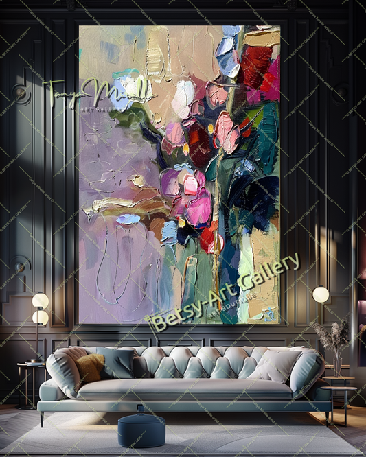 Purple Green Abstract Painting – Modern Floral Wall Art #158