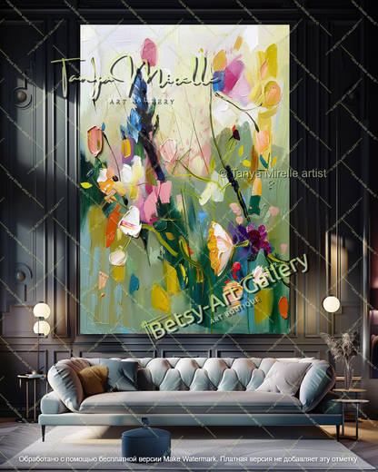 Large Colorful Floral Painting on Canvas