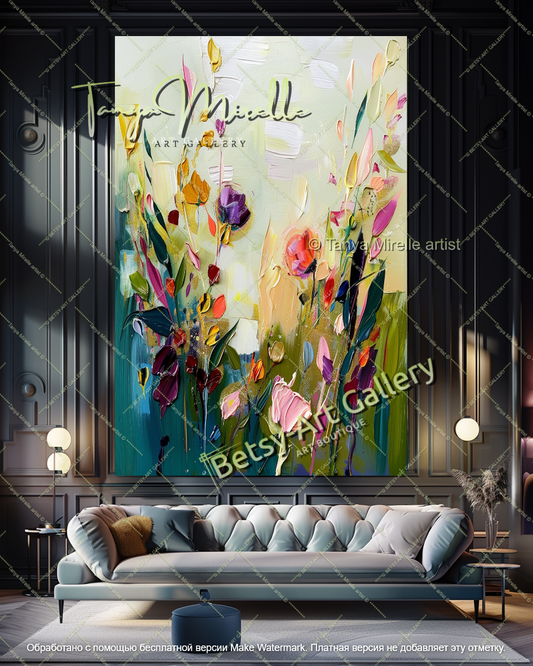 Large Colorful Floral Painting on Canvas