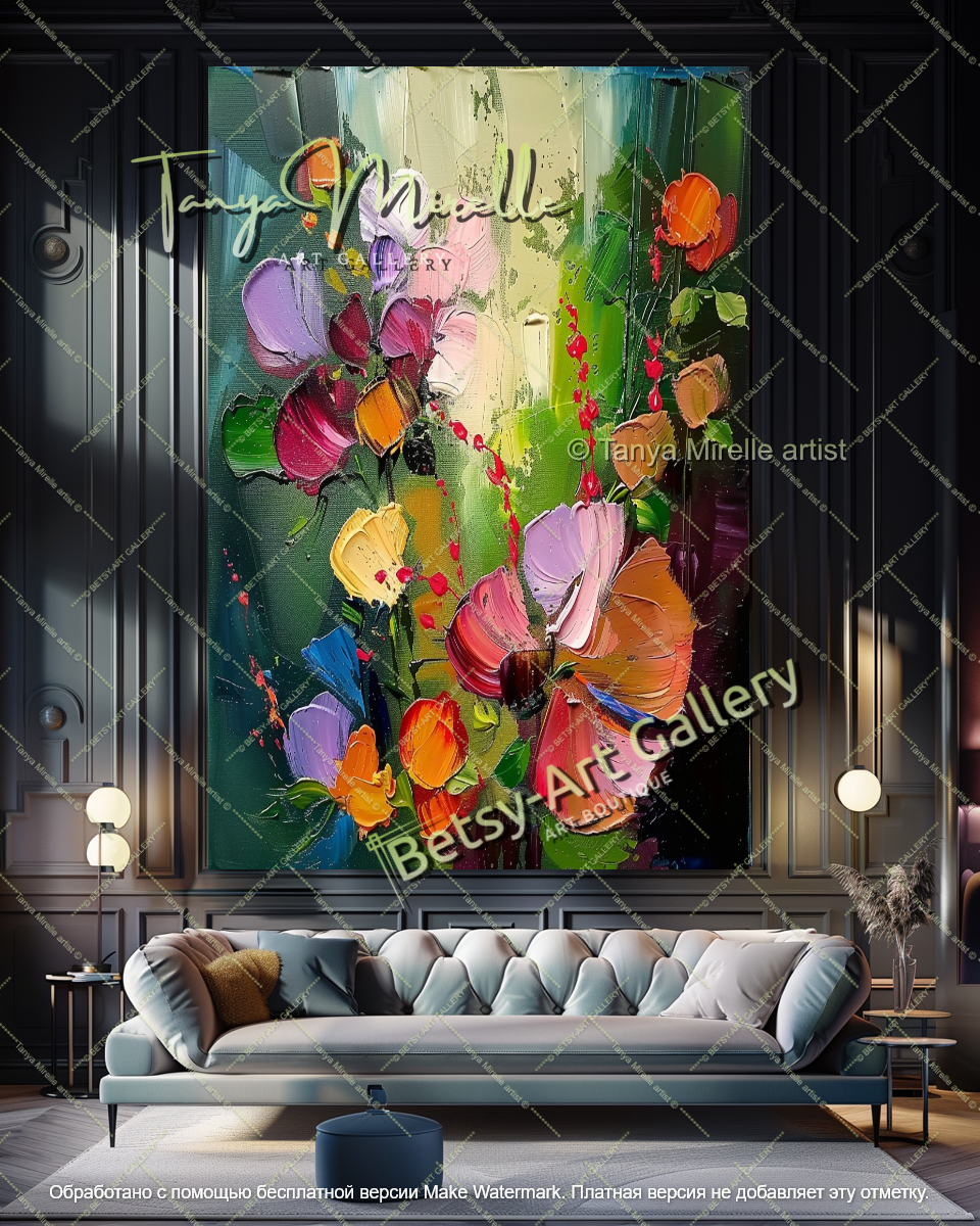 Large Abstract Floral Oil Painting on Canvas, Modern Wall Art Decor