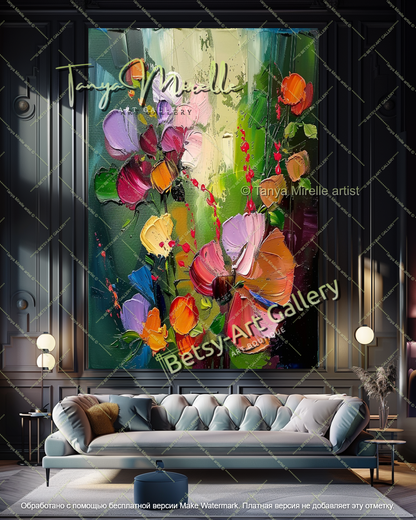Large Abstract Floral Oil Painting on Canvas, Modern Wall Art Decor