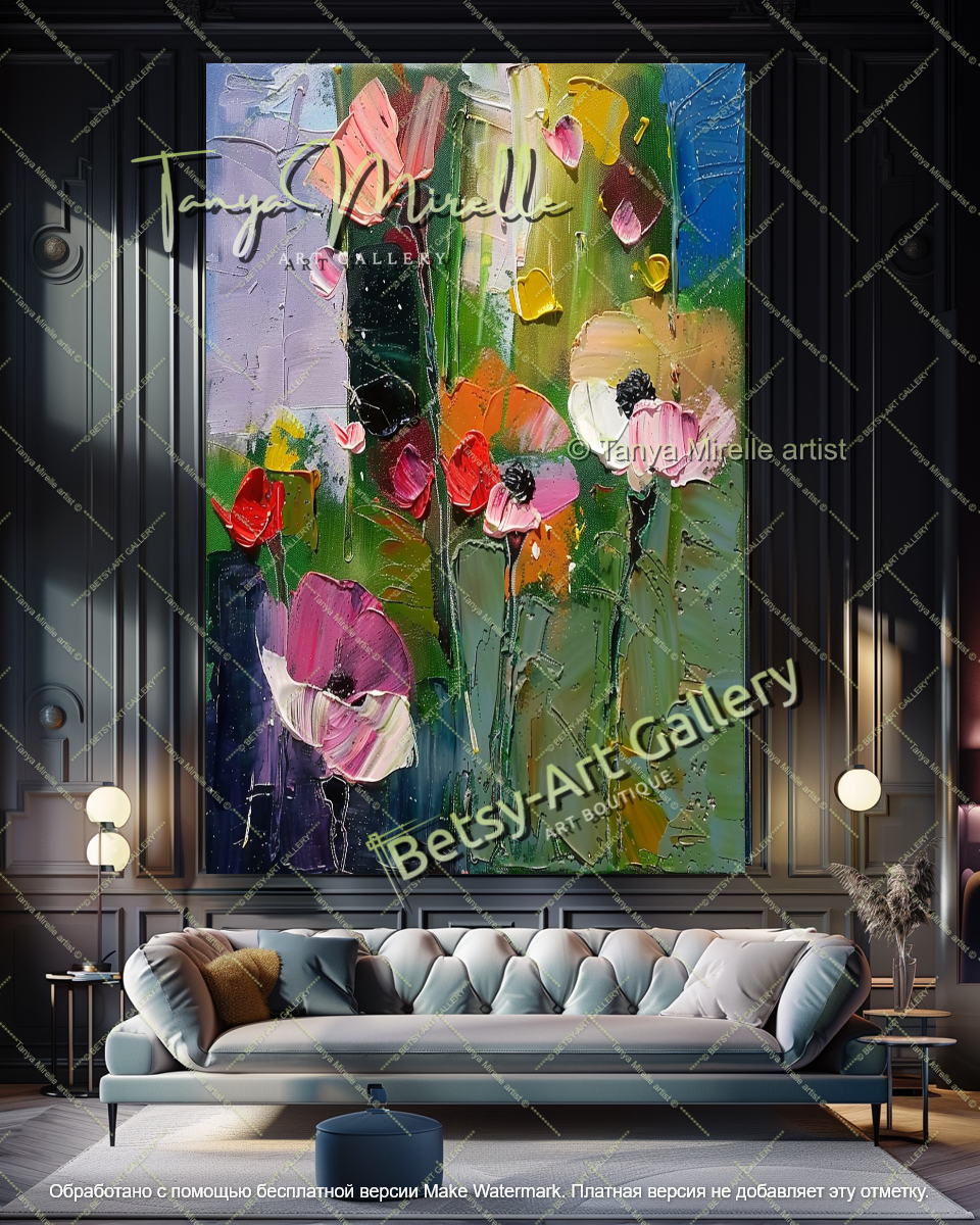 Large Abstract Floral Oil Painting on Canvas, Modern Wall Art Decor