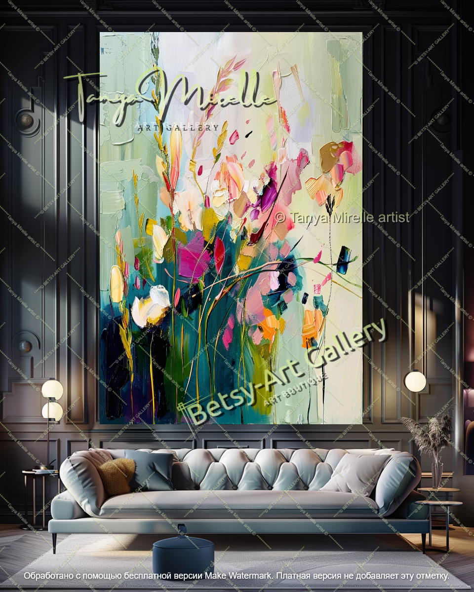 Large Colorful Floral Painting on Canvas