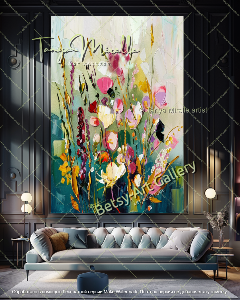 Large Colorful Floral Painting on Canvas