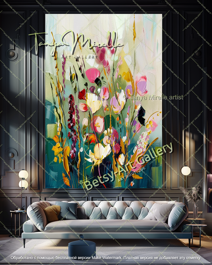 Large Colorful Floral Painting on Canvas