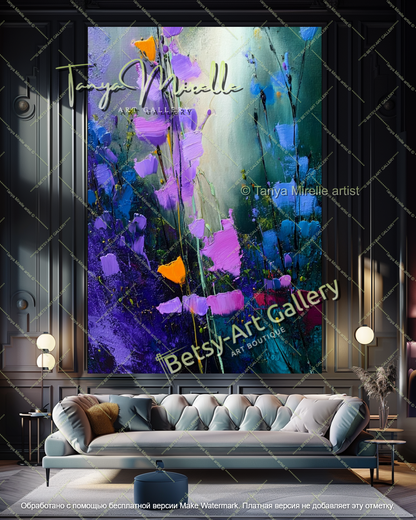 Contemporary Blue Flower Oil Painting Large Wall Art