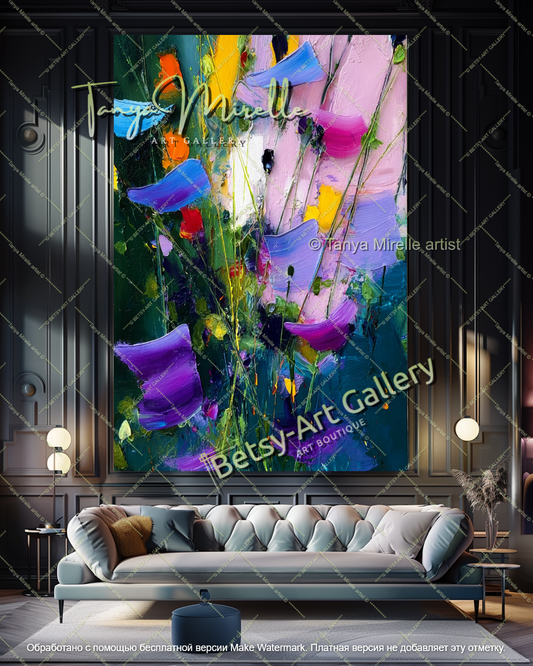 Contemporary Blue Flower Oil Painting Large Wall Art