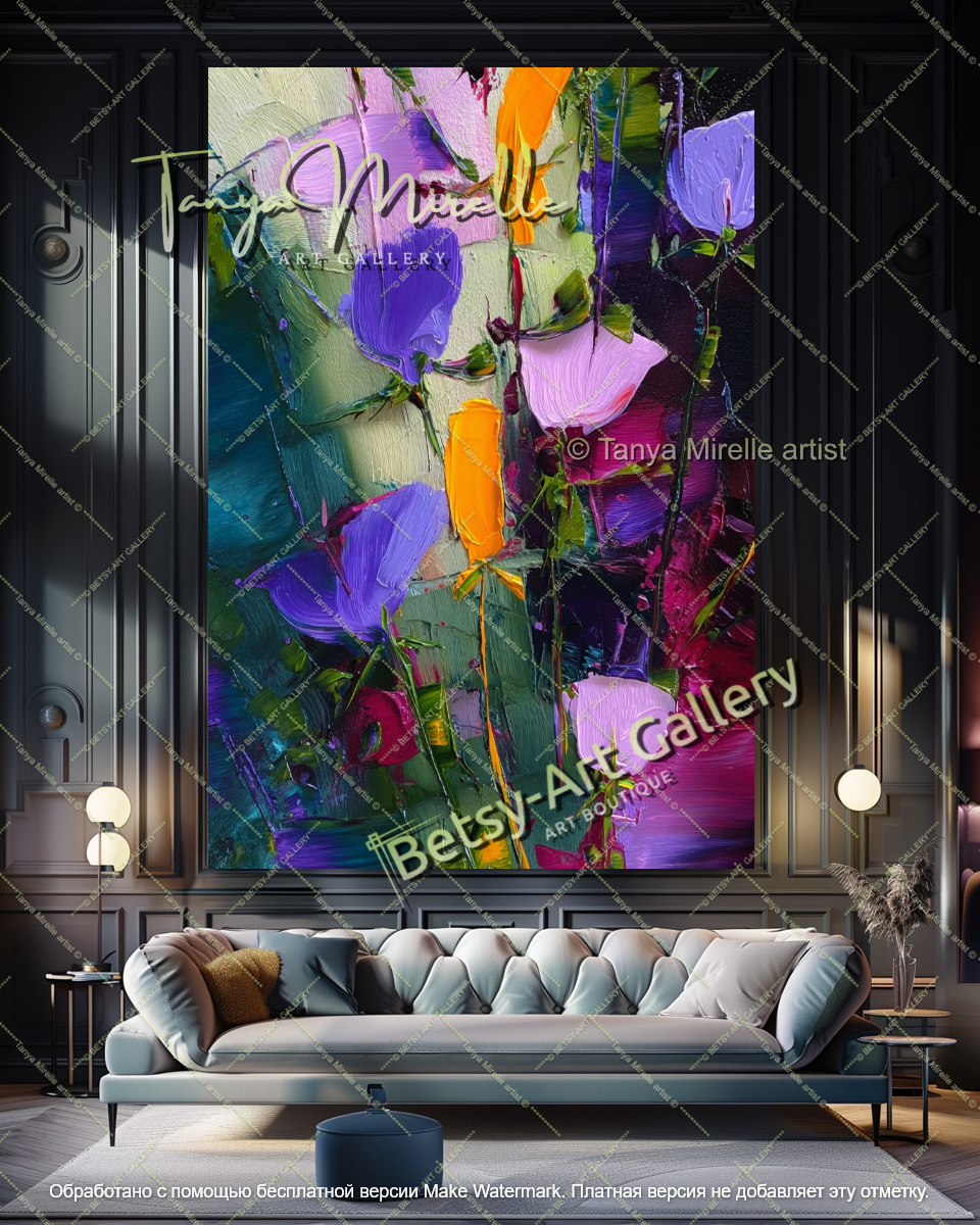 Contemporary Blue Flower Oil Painting Large Wall Art
