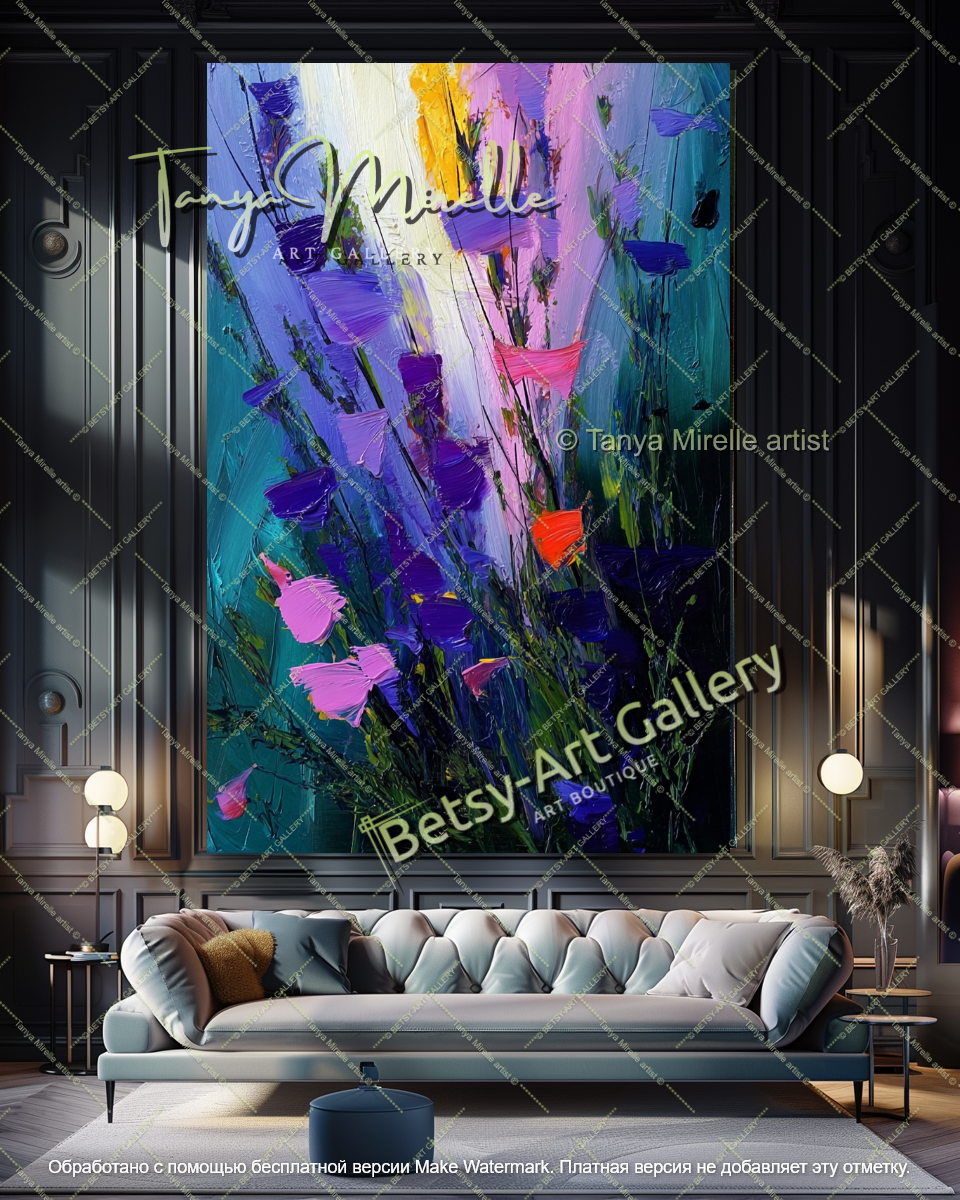 Contemporary Blue Flower Oil Painting Large Wall Art