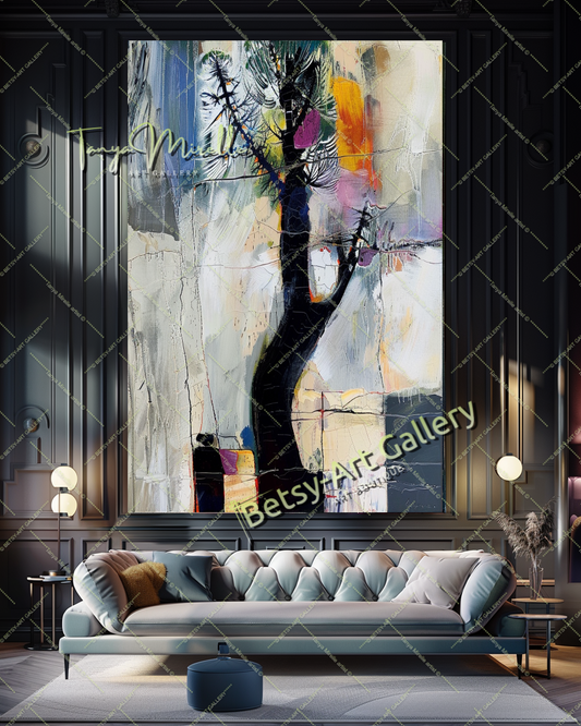 Abstract Tree Painting on Canvas – Large Modern Wall Art #142