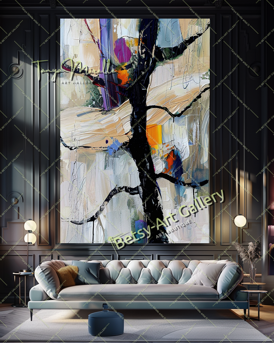 Abstract Tree Painting on Canvas – Large Modern Wall Art #143