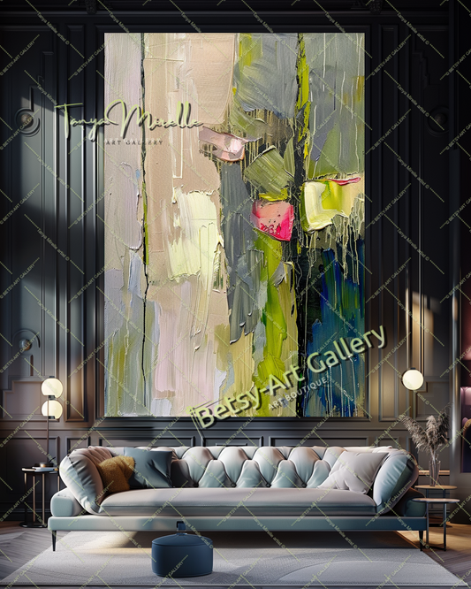 Green Beige Abstract Painting – Large Modern Wall Art #147