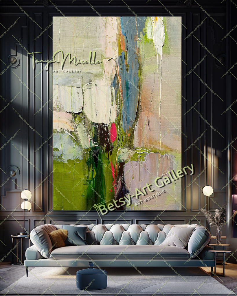 Green Beige Abstract Painting – Large Modern Wall Art #147 – Large – Oil on Canvas – {{ product.title }} canvas artwork by Tanya Mirelle – modern wall decor – original artwork for home, living room, office, or gallery – original artwork by BETSY-ART GALLERY