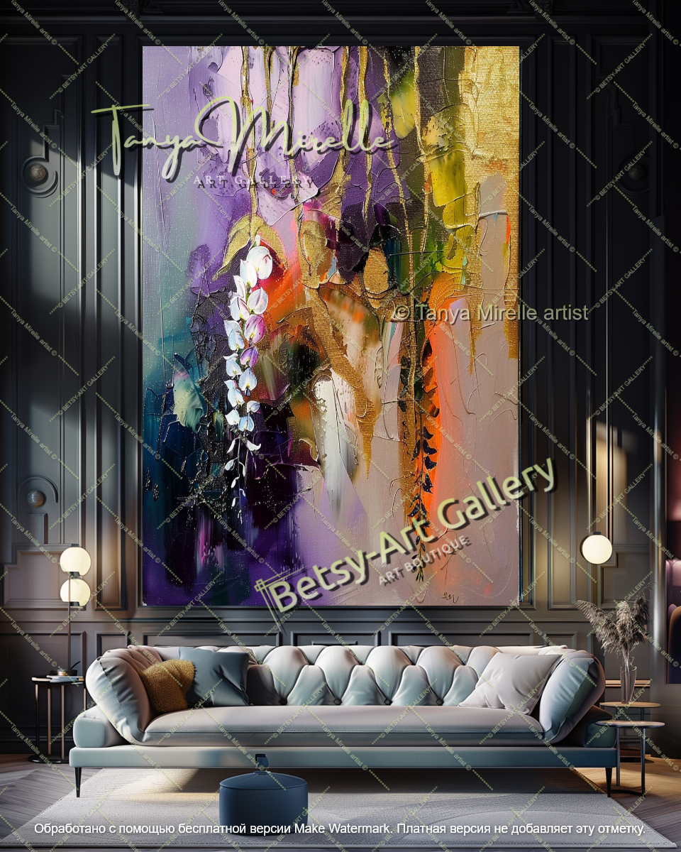 Textured Wisteria Flowers Oil Painting Large Wall Art