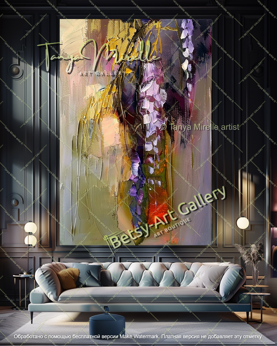Textured Wisteria Flowers Oil Painting Large Wall Art