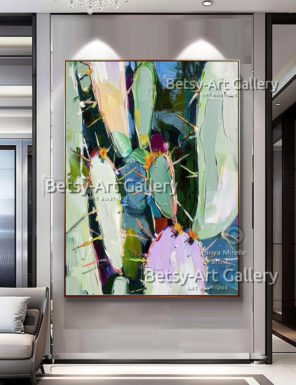 Abstract Cactus Landscape Painting - Textured Impasto Artwork #68