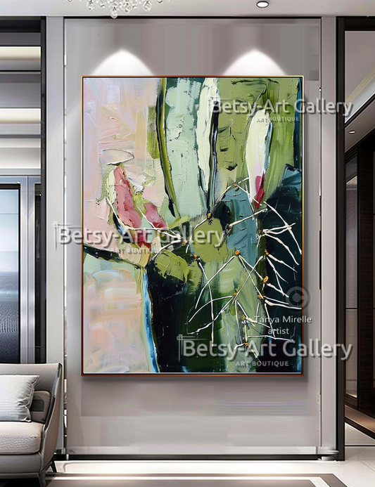 Vibrant Abstract Cactus – Modern Textured Impasto Wall Art #76