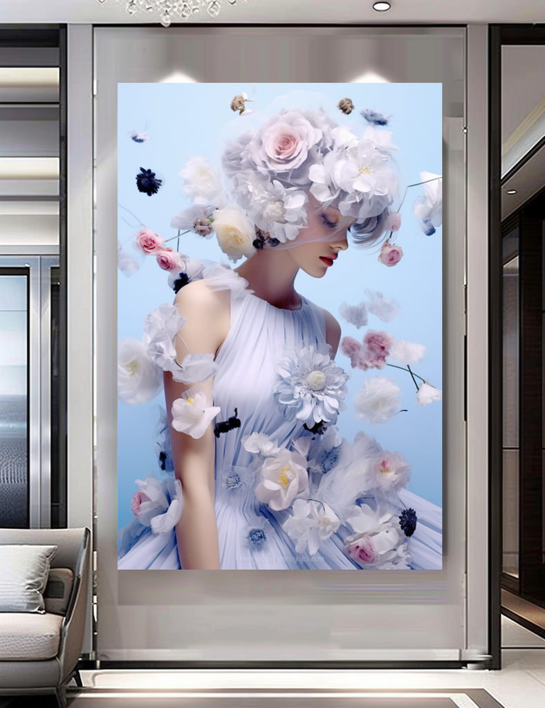 Blue Fashion Blooming Floral Woman Art - Romantic Print on Canvas - Elegant Home Decor – Large – Oil on Canvas – {{ product.title }} canvas artwork by Tanya Mirelle – modern wall decor – original artwork for home, living room, office, or gallery – original artwork by BETSY-ART GALLERY