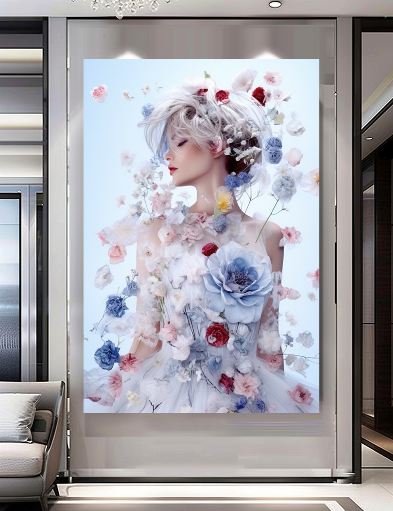 Modern Grace - Floral Woman Canvas Art - Romantic Print on Canvas - Elegant Home Decor – Large – Oil on Canvas – {{ product.title }} canvas artwork by Tanya Mirelle – modern wall decor – original artwork for home, living room, office, or gallery – original artwork by BETSY-ART GALLERY