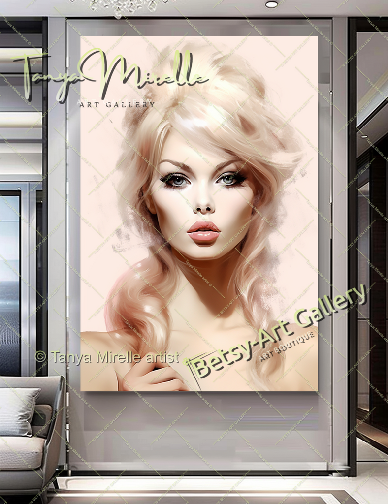 Minimalist Pastel Portrait Brigitte Bardot - Modern Canvas Print – Large – Oil on Canvas – {{ product.title }} canvas artwork by Tanya Mirelle – modern wall decor – original artwork for home, living room, office, or gallery – original artwork by BETSY-ART GALLERY