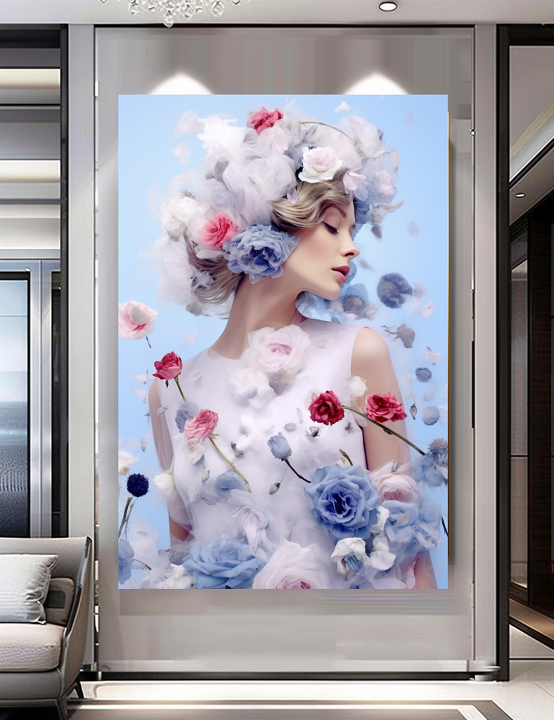 Blue Modern Grace - Floral Woman Canvas Art - Romantic Print on Canvas - Elegant Home Decor – Large – Oil on Canvas – {{ product.title }} canvas artwork by Tanya Mirelle – modern wall decor – original artwork for home, living room, office, or gallery – original artwork by BETSY-ART GALLERY