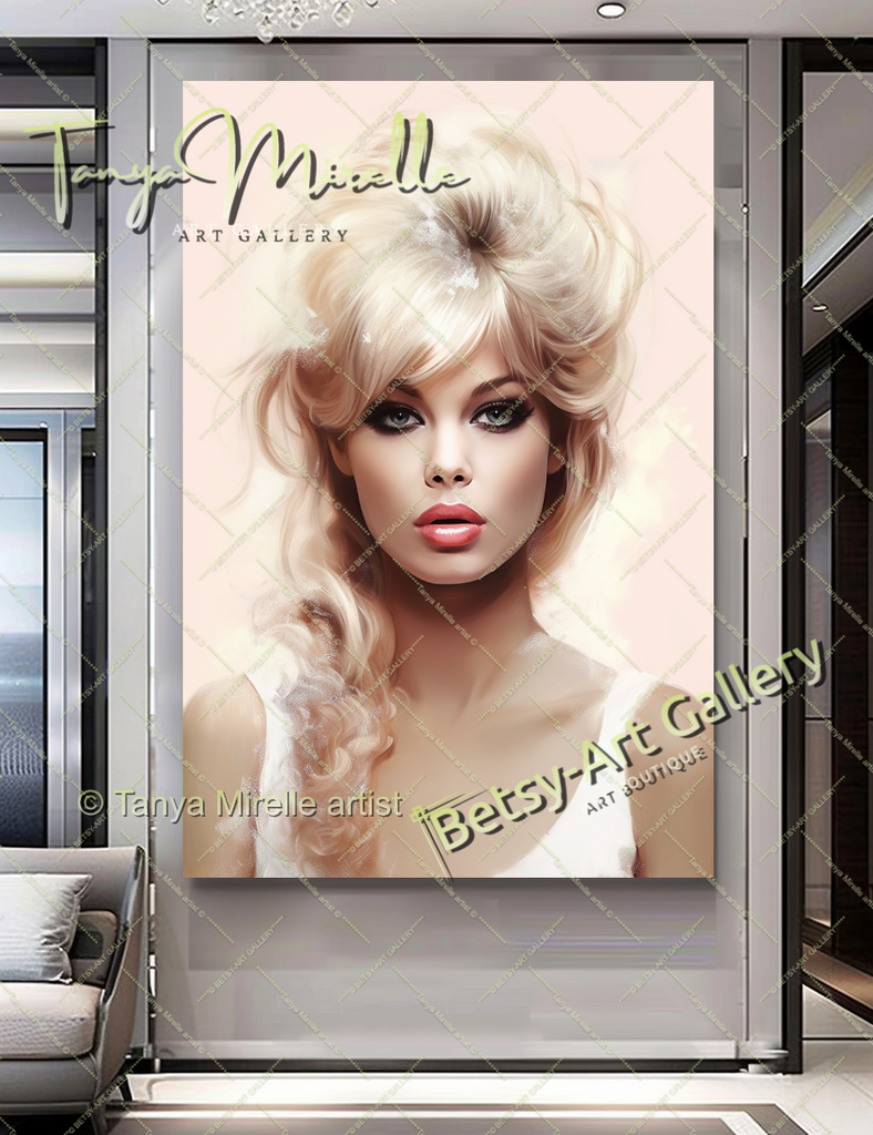 Minimalist Pastel Portrait Brigitte Bardot - Modern Canvas Print – Large – Oil on Canvas – {{ product.title }} canvas artwork by Tanya Mirelle – modern wall decor – original artwork for home, living room, office, or gallery – original artwork by BETSY-ART GALLERY