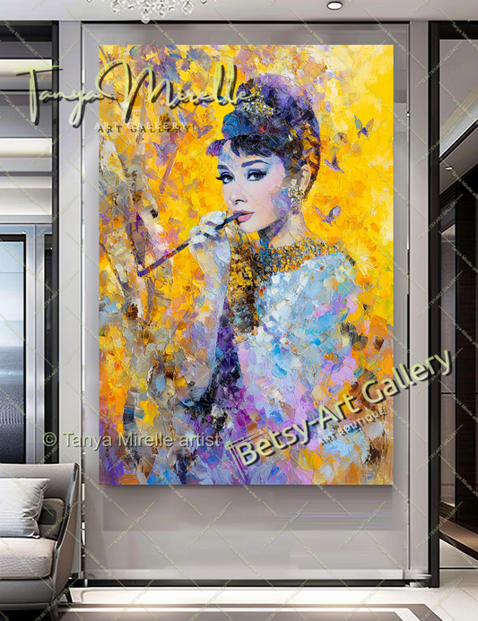 Vintage Audrey Hepburn Portrait - Colorful Modern Canvas Print #2