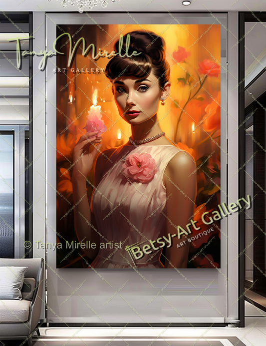 Portrait Audrey Hepburn with Candle - Modern Canvas Print