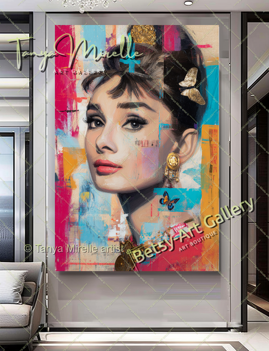 Vintage Audrey Hepburn Portrait - Colorful Modern Canvas Print