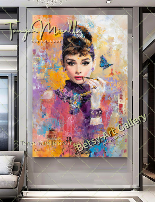 Vintage Audrey Hepburn Portrait - Colorful Modern Canvas Print #1