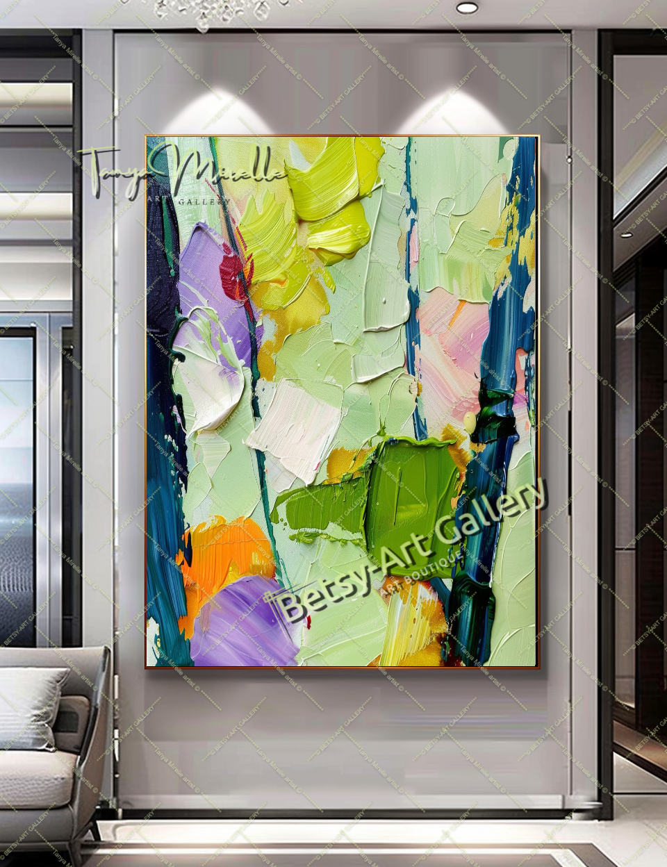Green Abstract Painting – Modern Impasto Fruit Wall Art #135