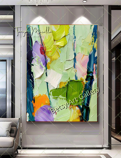 Green Abstract Painting – Modern Impasto Fruit Wall Art #135