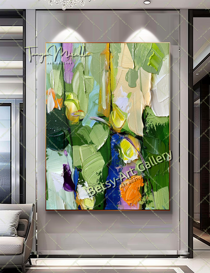 Green Abstract Painting – Modern Impasto Fruit Wall Art #135
