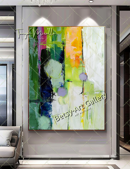 Green Abstract Painting – Modern Impasto Fruit Wall Art #135
