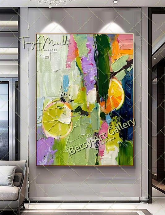 Green Abstract Painting – Modern Impasto Fruit Wall Art #135