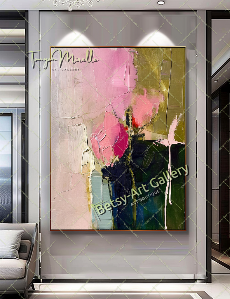 Pink Rosa Abstract Painting – Modern Floral Wall Art #152 – Large – Oil on Canvas – {{ product.title }} canvas artwork by Tanya Mirelle – modern wall decor – original artwork for home, living room, office, or gallery – original artwork by BETSY-ART GALLERY