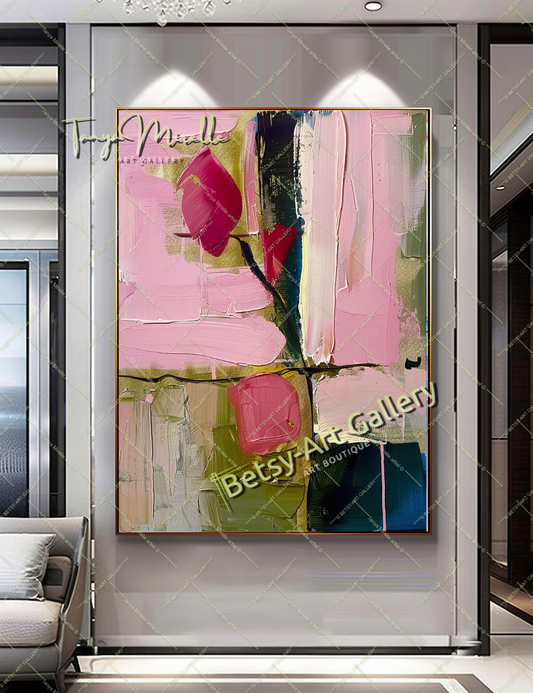 Pink Rosa Abstract Painting – Modern Floral Wall Art #152