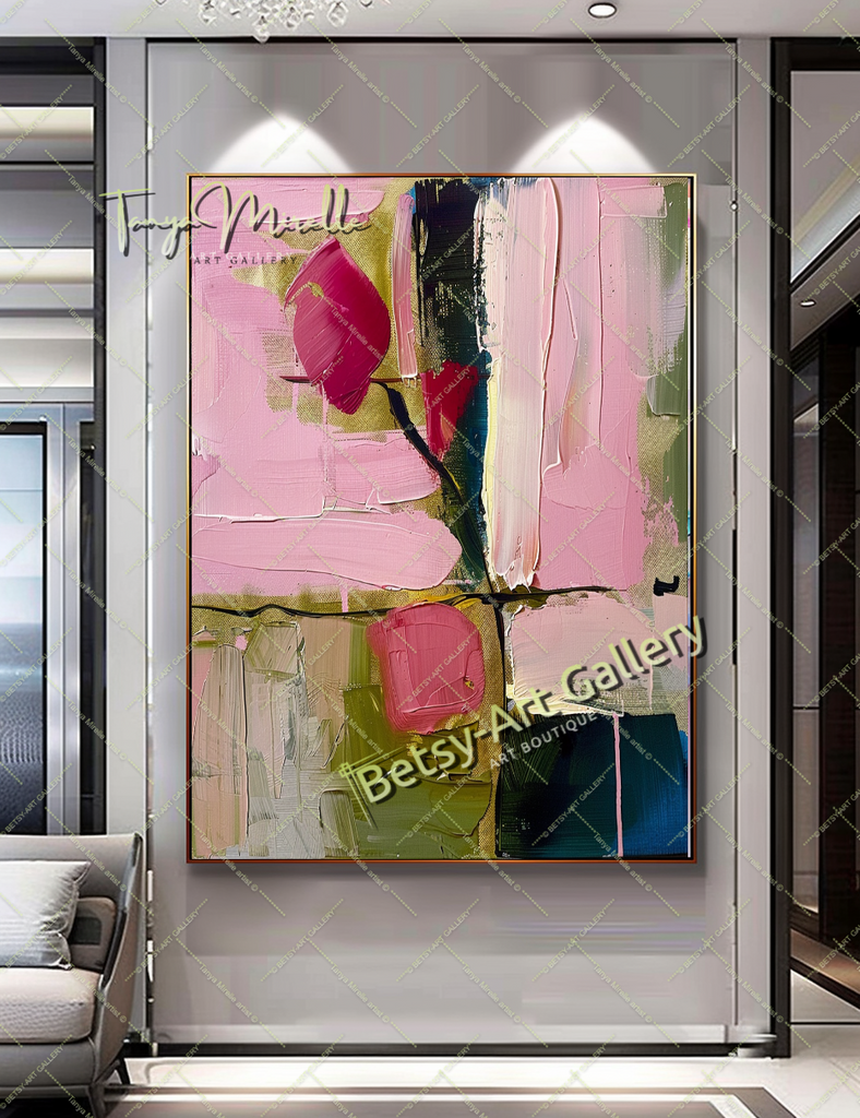 Pink Rosa Abstract Painting – Modern Floral Wall Art #152 – Large – Oil on Canvas – {{ product.title }} canvas artwork by Tanya Mirelle – modern wall decor – original artwork for home, living room, office, or gallery – original artwork by BETSY-ART GALLERY