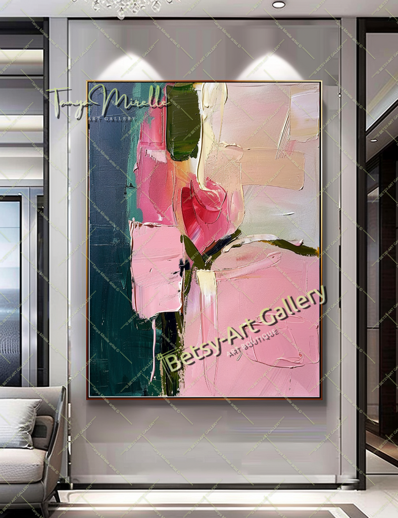Pink Rosa Abstract Painting – Modern Floral Wall Art #152 – Large – Oil on Canvas – {{ product.title }} canvas artwork by Tanya Mirelle – modern wall decor – original artwork for home, living room, office, or gallery – original artwork by BETSY-ART GALLERY