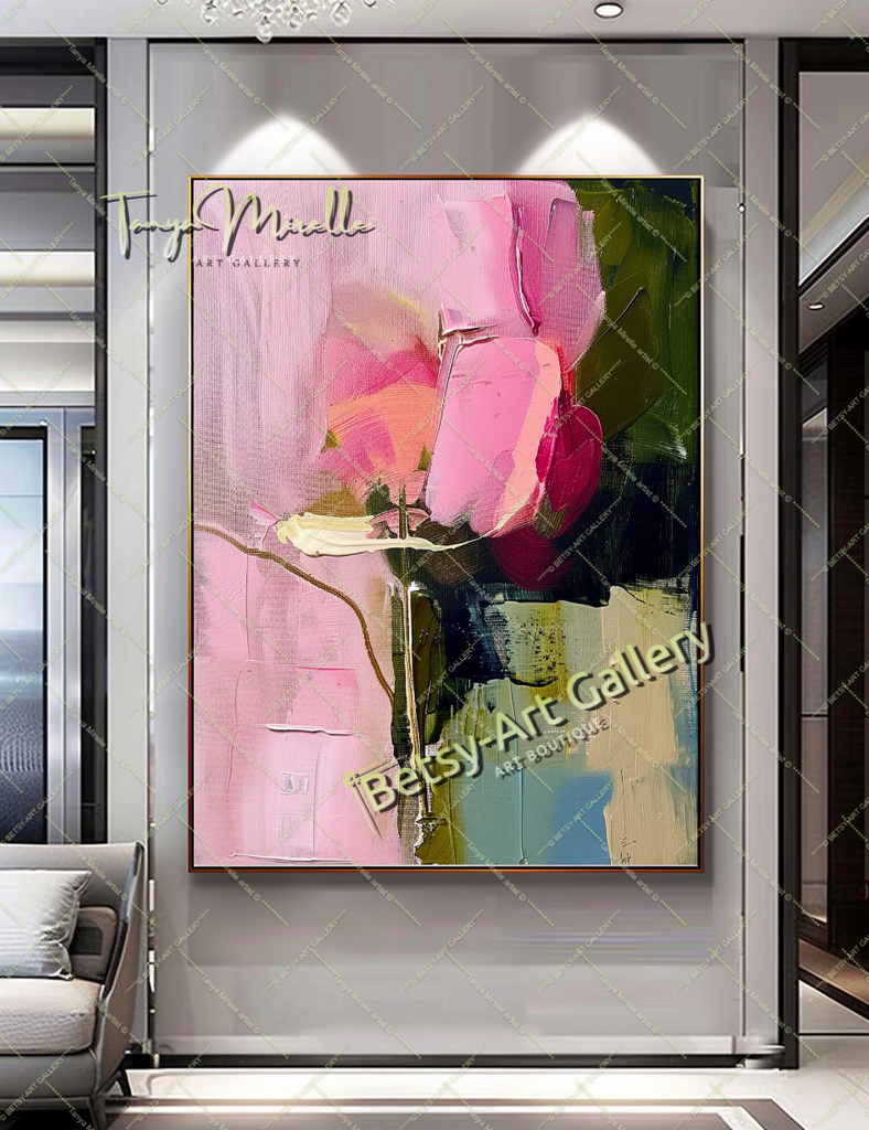 Pink Rosa Abstract Painting – Modern Floral Wall Art #152 – Large – Oil on Canvas – {{ product.title }} canvas artwork by Tanya Mirelle – modern wall decor – original artwork for home, living room, office, or gallery – original artwork by BETSY-ART GALLERY