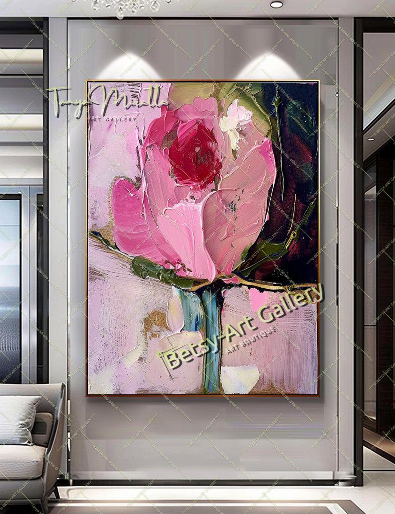 Pink Rosa Abstract Painting – Modern Floral Wall Art #153 – Large – Oil on Canvas – {{ product.title }} canvas artwork by Tanya Mirelle – modern wall decor – original artwork for home, living room, office, or gallery – original artwork by BETSY-ART GALLERY