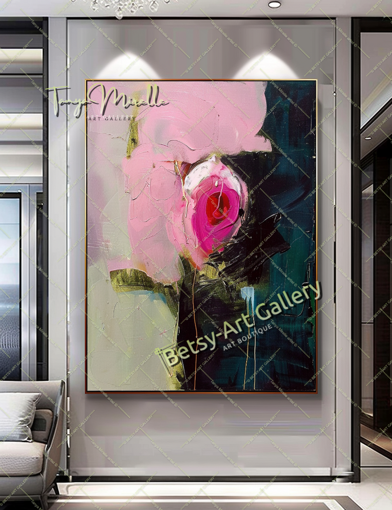 Pink Rosa Abstract Painting – Modern Floral Wall Art #153 – Large – Oil on Canvas – {{ product.title }} canvas artwork by Tanya Mirelle – modern wall decor – original artwork for home, living room, office, or gallery – original artwork by BETSY-ART GALLERY