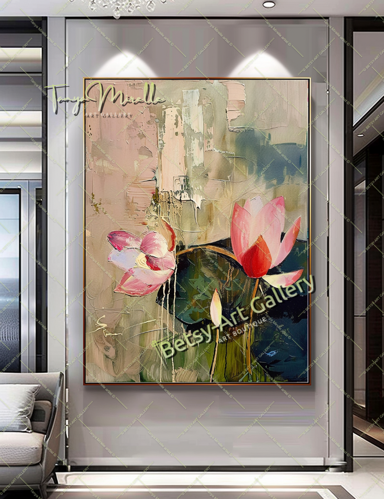 Lotus Abstract Painting – Modern Floral Wall Art #154 – Large – Oil on Canvas – {{ product.title }} canvas artwork by Tanya Mirelle – modern wall decor – original artwork for home, living room, office, or gallery – original artwork by BETSY-ART GALLERY