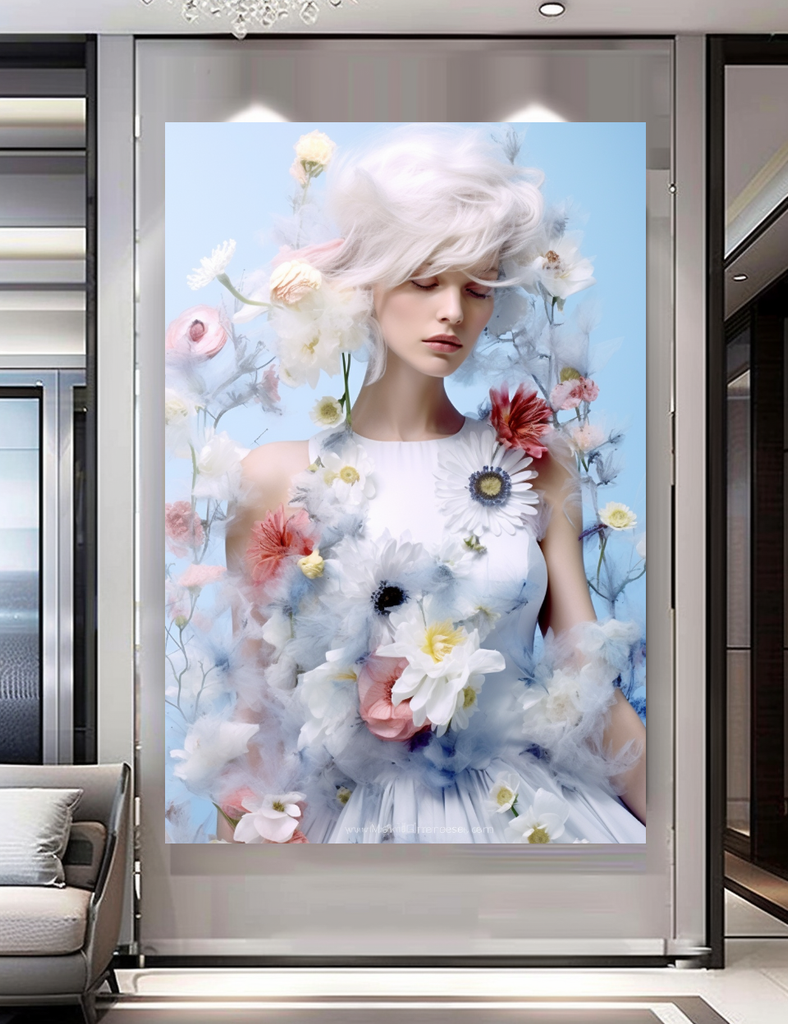 Modern Grace - Floral Woman Canvas Art - Romantic Print on Canvas - Elegant Home Decor – Large – Oil on Canvas – {{ product.title }} canvas artwork by Tanya Mirelle – modern wall decor – original artwork for home, living room, office, or gallery – original artwork by BETSY-ART GALLERY