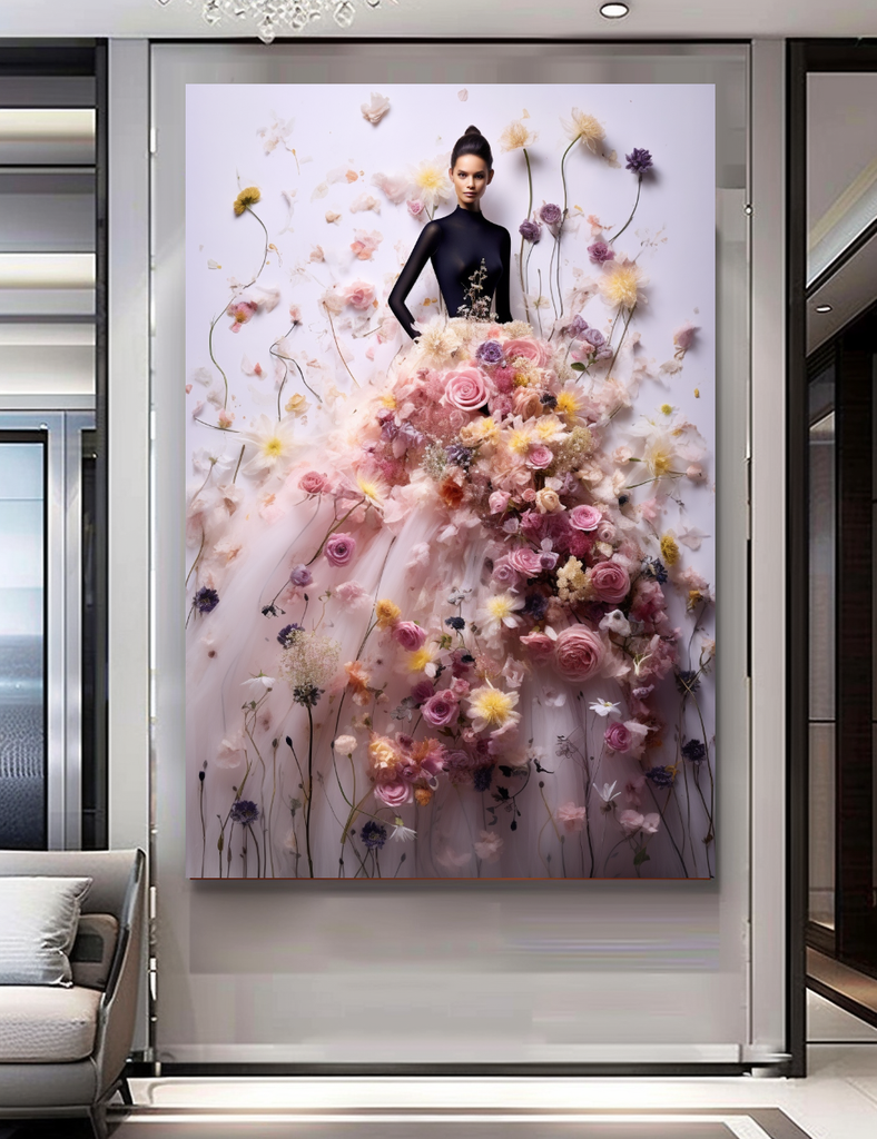 Fashion Blooming Flowers Dress - Perfume Floral Woman Art - Chic Home Decor – Large – Oil on Canvas – {{ product.title }} canvas artwork by Tanya Mirelle – modern wall decor – original artwork for home, living room, office, or gallery – original artwork by BETSY-ART GALLERY