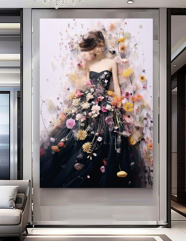 Blooming Flowers Dress - Perfume Floral Woman Art - Chic Home Decor – Large – Oil on Canvas – {{ product.title }} canvas artwork by Tanya Mirelle – modern wall decor – original artwork for home, living room, office, or gallery – original artwork by BETSY-ART GALLERY